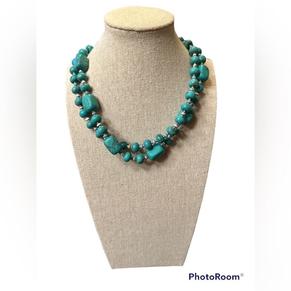 Premier Designs Womenโs Double Strand Faux Turquoise Silver Necklace